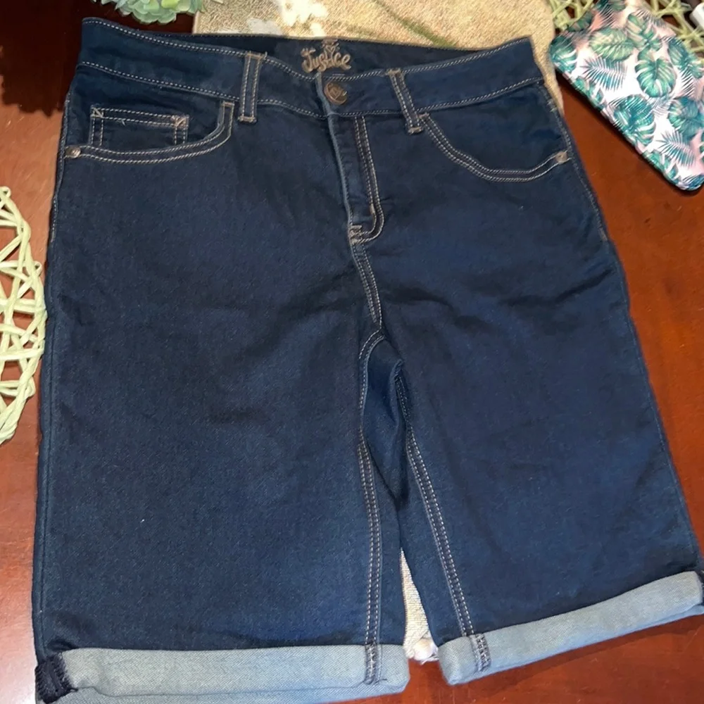 Justice Jean Shorts Girls Stretch Dark Wash Cuffed 5 Pocket Denim Blue sz 14Plus